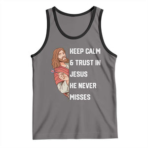 Funny Christian Faith Darts Player Gift Tank Top Keep Calm And Trust In Jesus He Never Misses TS12 Deep Heather Black Print Your Wear
