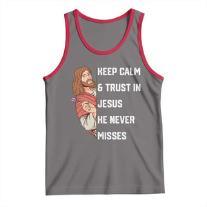 Funny Christian Faith Darts Player Gift Tank Top Keep Calm And Trust In Jesus He Never Misses TS12 Deep Heather Red Print Your Wear
