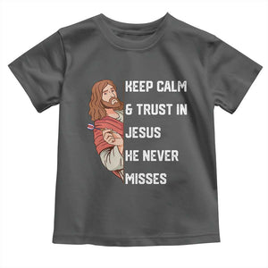 Funny Christian Faith Darts Player Gift Toddler T Shirt Keep Calm And Trust In Jesus He Never Misses TS12 Dark Heather Print Your Wear