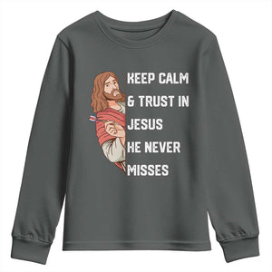 Funny Christian Faith Darts Player Gift Youth Sweatshirt Keep Calm And Trust In Jesus He Never Misses TS12 Dark Heather Print Your Wear