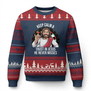 Keep Calm And Trust In Jesus Ugly Christmas Sweater Christian Dartist Gift TS12 Navy Red Print Your Wear