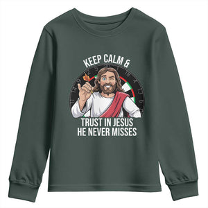 Keep Calm And Trust In Jesus Youth Sweatshirt Christian Dartist Gift TS12 Dark Forest Green Print Your Wear
