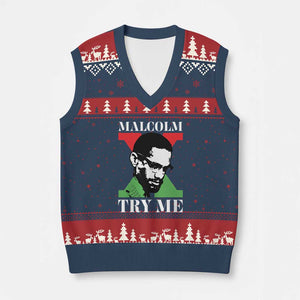 Malcolm X Try Me V-Neck Knit Sweater Vest American Civil Rights Leader Quote TS12 Navy Red Print Your Wear