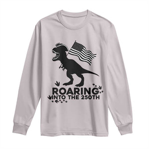 Funny Patriotic Dinosaur Long Sleeve Shirt Roaring Into The 250th Anniversary TS12 Ice Gray Print Your Wear