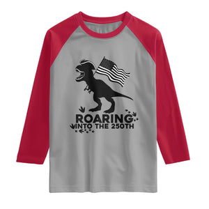 Funny Patriotic Dinosaur Raglan Shirt Roaring Into The 250th Anniversary TS12 Sport Gray Red Print Your Wear