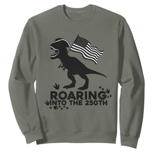 Funny Patriotic Dinosaur Sweatshirt Roaring Into The 250th Anniversary TS12 Military Green Print Your Wear