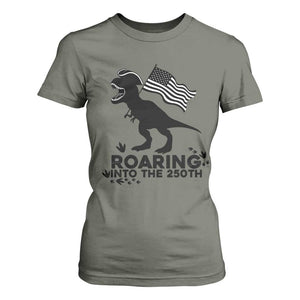 Funny Patriotic Dinosaur T Shirt For Women Roaring Into The 250th Anniversary TS12 Military Green Print Your Wear