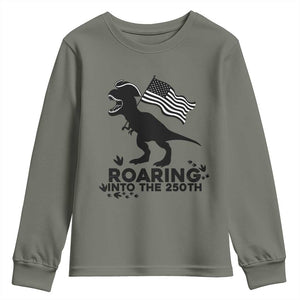 Funny Patriotic Dinosaur Youth Sweatshirt Roaring Into The 250th Anniversary TS12 Military Green Print Your Wear