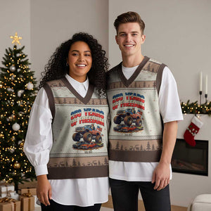 Funny George Washington Monster Truck V-Neck Knit Sweater Vest America 250th Anniversary TS12 Mocha Mousse Print Your Wear