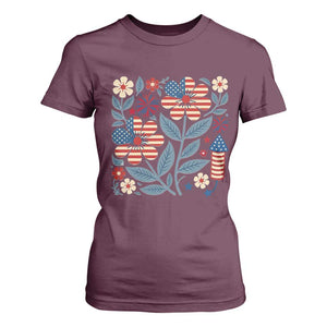 Boho Patriotic Daisy American Flag Floral T Shirt For Women TS12 Maroon Print Your Wear