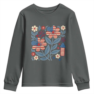 Boho Patriotic Daisy American Flag Floral Youth Sweatshirt TS12 Dark Heather Print Your Wear