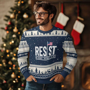 No Kings No Wars No Ice Ugly Christmas Sweater Anti Trump Political TS12 Navy Beige Print Your Wear
