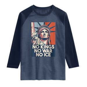 Statue Of Liberty No Kings No War No Ice Raglan Shirt Freedom Protest Gift TS12 Heather Denim Navy Print Your Wear