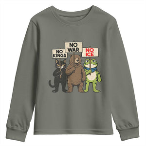 Funny Animal Protest Youth Sweatshirt No Kings No Wars No Ice TS12 Military Green Print Your Wear