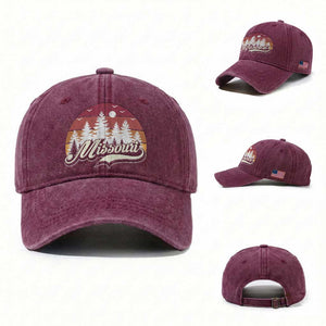 Missouri Travel Gift Washed Cotton Baseball Cap Vintage Forest River Landscape TS12 Washed Cap Universal Fit Burgundy Print Your Wear