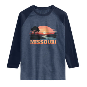 Vintage Missouri Outdoors Raglan Shirt Midwest Nature Landscape TS12 Heather Denim Navy Print Your Wear