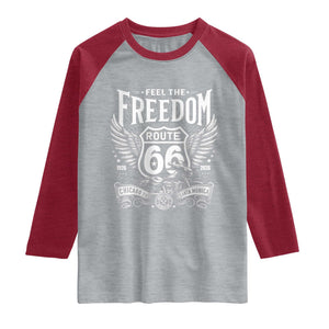 Feel The Freedom Route Highway 66 Raglan Shirt 100th Anniversary Biker Road Trip Graphic TS12 Heather Gray Heather Red Print Your Wear
