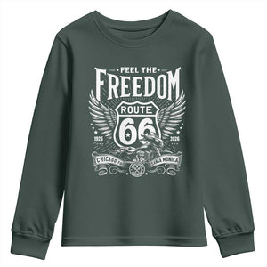 Feel The Freedom Route Highway 66 Youth Sweatshirt 100th Anniversary Biker Road Trip Graphic TS12 Dark Forest Green Print Your Wear