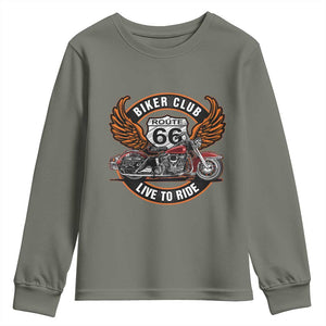 Vintage Route Highway 66 Biker Club Youth Sweatshirt Live To Ride Motorcycle Graphic TS12 Military Green Print Your Wear