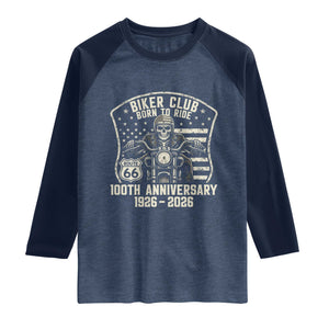 Vintage Biker Club Born To Ride Raglan Shirt 100th Anniversary Mother Road TS12 Heather Denim Navy Print Your Wear