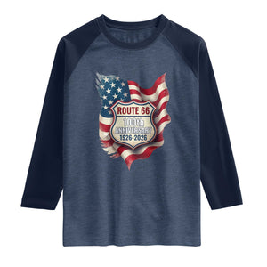 Route Highway 66 Centennial Raglan Shirt Vintage American Flag Patriotic Gift TS12 Heather Denim Navy Print Your Wear