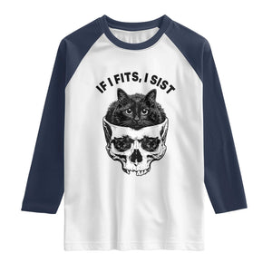 If I Fits I Sits Black Cat Skull Raglan Shirt Gothic Dark Humor Gift TS12 White Navy Print Your Wear