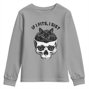 If I Fits I Sits Black Cat Skull Youth Sweatshirt Gothic Dark Humor Gift TS12 Sport Gray Print Your Wear