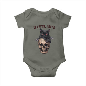 Gothic Cat Skull Graphic Baby Onesie If I Fits I Sits Creepy Cute Gift TS12 Military Green Print Your Wear