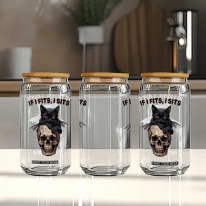 Gothic Cat Skull Graphic Glass Can If I Fits I Sits Creepy Cute Gift TS12 Print Your Wear