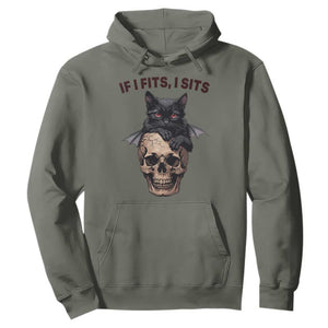 Gothic Cat Skull Graphic Hoodie If I Fits I Sits Creepy Cute Gift TS12 Military Green Print Your Wear