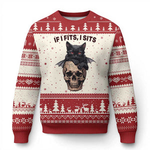 Gothic Cat Skull Graphic Ugly Christmas Sweater If I Fits I Sits Creepy Cute Gift TS12 Beige Red Print Your Wear