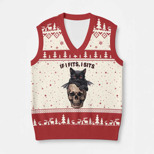 Gothic Cat Skull Graphic V-Neck Knit Sweater Vest If I Fits I Sits Creepy Cute Gift TS12 Beige Red Print Your Wear