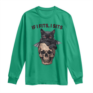 Gothic Cat Skull Graphic Long Sleeve Shirt If I Fits I Sits Creepy Cute Gift TS12 Irish Green Print Your Wear
