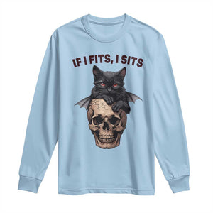 Gothic Cat Skull Graphic Long Sleeve Shirt If I Fits I Sits Creepy Cute Gift TS12 Light Blue Print Your Wear