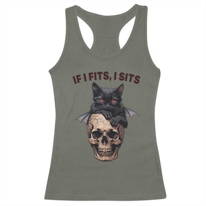 Gothic Cat Skull Graphic Racerback Tank Top If I Fits I Sits Creepy Cute Gift TS12 Military Green Print Your Wear