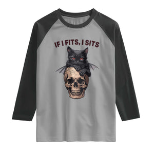 Gothic Cat Skull Graphic Raglan Shirt If I Fits I Sits Creepy Cute Gift TS12 Sport Gray Black Print Your Wear