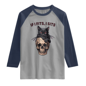 Gothic Cat Skull Graphic Raglan Shirt If I Fits I Sits Creepy Cute Gift TS12 Sport Gray Navy Print Your Wear