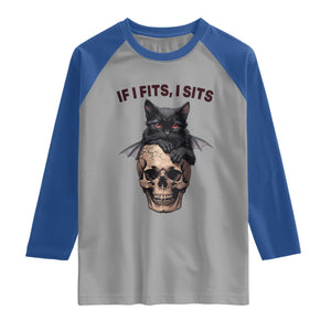 Gothic Cat Skull Graphic Raglan Shirt If I Fits I Sits Creepy Cute Gift TS12 Sport Gray Royal Print Your Wear
