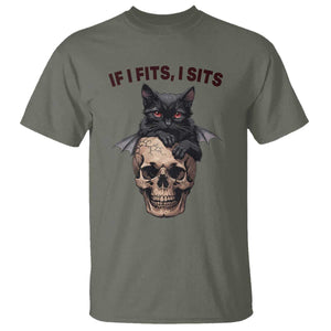 Gothic Cat Skull Graphic T Shirt If I Fits I Sits Creepy Cute Gift TS12 Military Green Print Your Wear