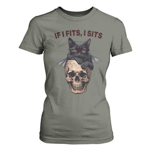 Gothic Cat Skull Graphic T Shirt For Women If I Fits I Sits Creepy Cute Gift TS12 Military Green Print Your Wear