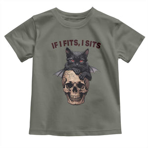 Gothic Cat Skull Graphic Toddler T Shirt If I Fits I Sits Creepy Cute Gift TS12 Military Green Print Your Wear