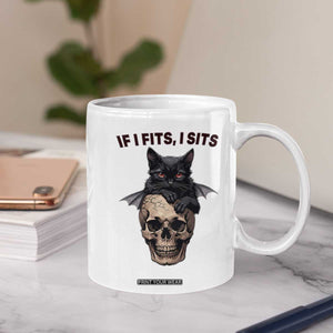 Gothic Cat Skull Graphic Coffee Mug If I Fits I Sits Creepy Cute Gift TS12 Print Your Wear