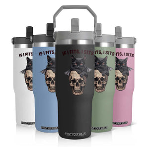 Gothic Cat Skull Graphic Flip Straw Tumbler If I Fits I Sits Creepy Cute Gift TS12 Print Your Wear