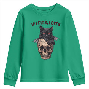 Gothic Cat Skull Graphic Youth Sweatshirt If I Fits I Sits Creepy Cute Gift TS12 Irish Green Print Your Wear