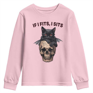 Gothic Cat Skull Graphic Youth Sweatshirt If I Fits I Sits Creepy Cute Gift TS12 Light Pink Print Your Wear