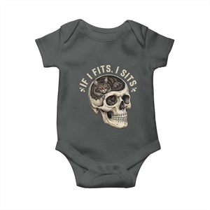 Funny Gothic Black Cat Skull Baby Onesie If I Fits I Sits TS12 Dark Heather Print Your Wear