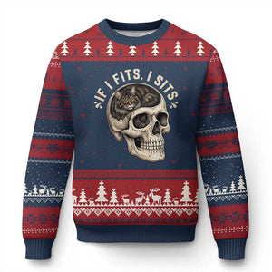Funny Gothic Black Cat Skull Ugly Christmas Sweater If I Fits I Sits TS12 Navy Red Print Your Wear