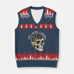 Funny Gothic Black Cat Skull V-Neck Knit Sweater Vest If I Fits I Sits TS12 Navy Red Print Your Wear