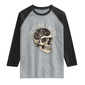 Funny Gothic Black Cat Skull Raglan Shirt If I Fits I Sits TS12 Heather Gray Black Print Your Wear
