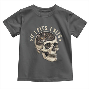Funny Gothic Black Cat Skull Toddler T Shirt If I Fits I Sits TS12 Dark Heather Print Your Wear
